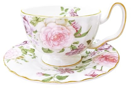fanquare Rosa Pfingstrose Floral Tasse und Untertasse Set von 1, Kaffeetassen Keramik 200ml Vintage Nachmittagstee Tasse Geschenke für Frauen