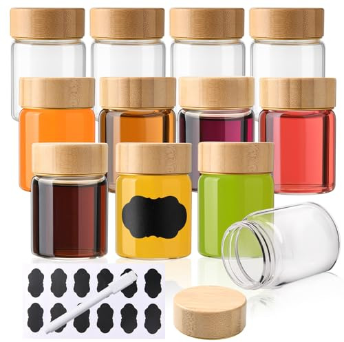 YBCPACK 12 Pack 2oz/60ml Mini Glass Shot Bottles with Bamboo Lids-Reusable | Wellness Shots Bottles with Label, Pen, Clear Small Glass Jars for Juice, Ginger(Dishwasher Safe & Leak Proof)