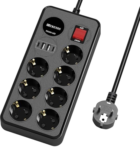 HITRENDS Steckdosenleiste 7-Fach mit 4 USB-Ports (2X USB C + 2X USB A), 1,8m Verlängerungskabel, Überlastschalter & Touch-Licht, Schreibtisch-Steckdosenleiste 2500W für Büro, Zuhause – Schwarz