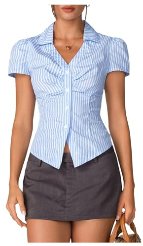 GORGLITTER Women's Striped Collar V Neck Ruched Blouses Asymmetrical Button Down Short Sleeve Office Shirts Blue Medium