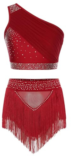 iiniim Damen Latein Tanzkleid Glitzer Eiskunstlauf Kleid Ärmellos Ballettkleid Crop Tops mit Fransen Tanzrock Modern Dance Contemporary Tanzkleidung Weinrot S