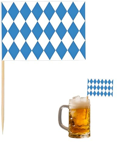 100 Stück oktoberfest deko Zahnstocher Flaggen,bayrische deko, Blau Weiß bayern flagge, oktoberfestdeko geeignet für Cocktail,Cupcake Toppers