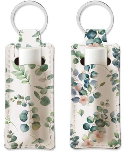 OLYCRAFT 2Pcs Lipstick Holder Keychain Eucalyptus Leaves Lip Balm Holders Elastic Diving Fabric Lipstick Keychain Portable Lipsticks Holder Plants Chapstick Sleeve Key Ring Holders for Chapstick