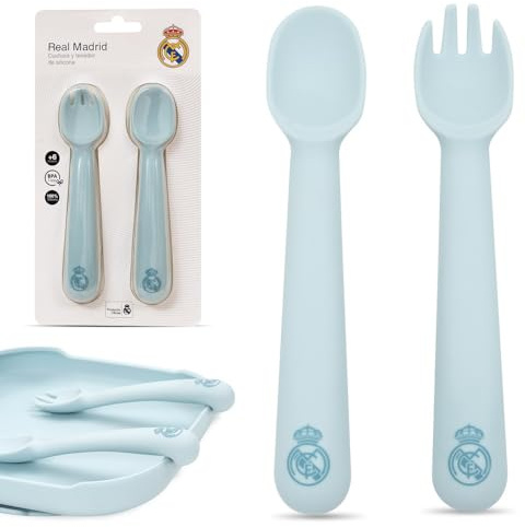 Interbaby - Cuchara y Tenedor Infantil de Silicona Real Madrid Azul|Apto para Microondas |Apto para Lavavajillas|Libre de BPA