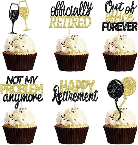 24 Pcs Happy Retirement Glitter Cupcake Toppers for Party-Black&Gold | retirement decorations, retirement party decorations, Retirement Theme Cake Toppers, Retirement Cakes Decoration Supplies