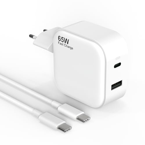 shefor USB C-laddare, 65W snabbladdare PD 3.0 Typ C reseadapter med 2 portar, med USB-C och USB-A strömadapter för Samsung, Xiaomi, Huawei-telefoner, C till C-kabel 1M