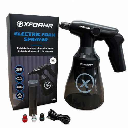 XFOAMR Elektrischer Schaumsprüher 1,5 l – wiederaufladbarer batteriebetriebener Schaum für Auto- und Motorraddetails – 30 Minuten Laufzeit, dicker Schneeschaum, abnehmbarer Akku – professionelles