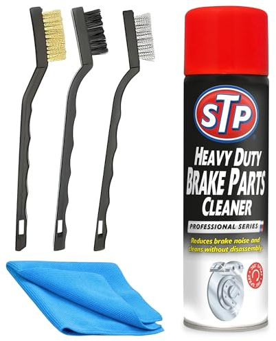 Vexjuro STP Brake Cleaner Kit – 500ml Heavy Duty Brake Cleaner with Steel, Brass & Nylon Brushes + Microfibre Cloth – Car, Motorbike & Disc Brake Degreaser & Dust Remover