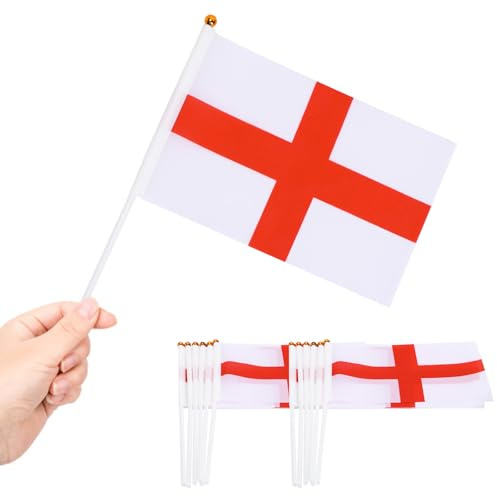 Paquete de 20 banderas de Inglaterra pequeñas, banderas de Inglaterra de mano en palos, mini bandera inglesa de poliéster para decoraciones de fiestas, festivales internacionales, eventos en