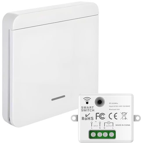 Interruptor inalámbrico con receptor de 10 A, 240 V, interruptor de iluminación, control remoto, alcance 50 m, radio 433 MHz, instalación fácil para lámpara hasta 1500 W (1 receptor, 1 interruptor)