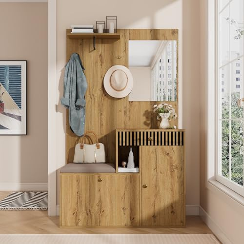 Merax Garderobe Set, Flur Garderoben Kompaktgarderobe, Flurgarderobe mit Spiegel, Sitzbank, Schublade, Regal & Offene Ablagefächer, Garderobenständer für Eingangsbereich, 110x37x185,5 cm
