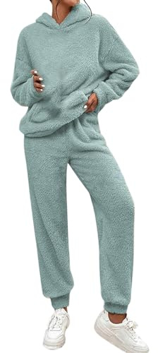 Tuta Da Donna Invernale In Pile Teddy Caldo Pigiama Casual A Maniche Lunghe Felpa Con Cappuccio E Pantaloni Lunghi Set 2 Pezzi Comodo Morbido Loungewear Tute Tinta Unita Oversize Completo Da Casa