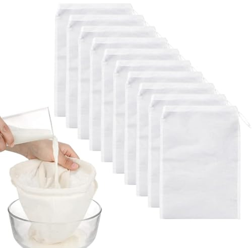 10 bolsa de leche de nuez reutilizable, bolsas para colar alimentos de tela no tejida, malla 100, 20 x 30 cm, blancas, para colar y preparar queso y yogur.