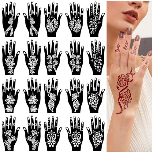 RAZET 20 Blatt Henna Tattoo Schablonen Set Hand, Selbstklebende Mehndi Vorlagen für Handflächen & Finger, Indische Arabische Tattoo Sticker für DIY Körperkunst & Partys