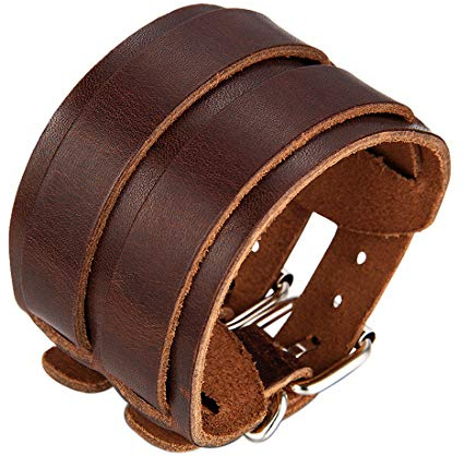 JewelryWe Schmuck Herren Lederarmband, Punk Rock Stil 2 Gürtel Design Leder Armband mit Manschettenknöpfen, Partnerarmband Armreif 26cm Breite 5cm
