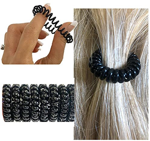 8 Hair Spiral Bobbles Elastic Black Ponytail Ties Hairband Ring Stretchy Coil Rubber Bun Hairbands- (Black 8pcs)