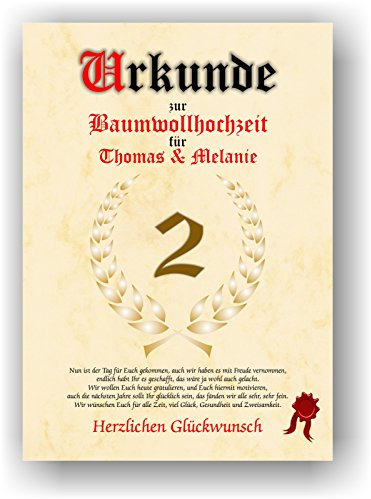 Urkunde zum 2. Hochzeitstag Baumwollhochzeit Geschenkurkunde Baumwoll Hochzeit 2 jahre verheiratet personalisiertes Geschenk Urkunde Partner Paar Mann Frau DIN A4