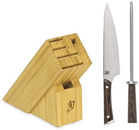 Shun Kanso Block Set de 3 Piezas Chef, Acero para afilar y Bloque de Cuchillos de 6 Ranuras (SWTS2200K), Inoxidable, marrón Claro