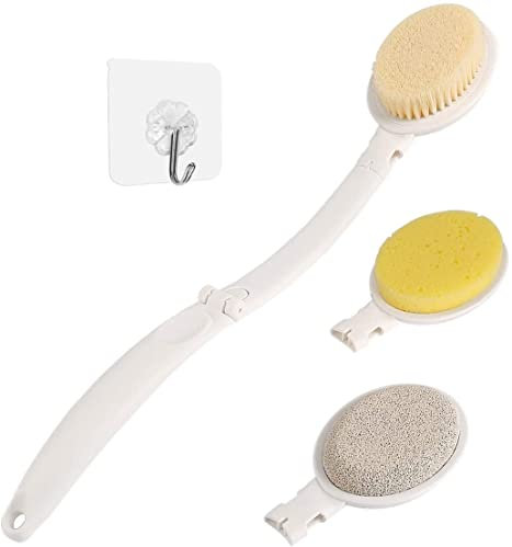 LFJ Badebürste, 3 in 1 Faltbarer Langem Griff Rückenbürste Körper-Rückenwäscher mit Bürstenschwamm Bimssteinkopf Duschbürste für Haut-Peeling, für Verbesserung der Blutzirkulation, Cellulite Massage