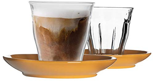 Duralex 12 Piece Picardie Glass Coffee Cup and Ceramic Saucer Set - Modern Style Tumbler Mug for Latte Cappuccino - Yellow - 220ml