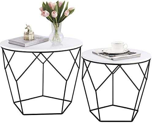 Ribelli 2er Set Beistelltisch, Wohnzimmertisch mit Korbfunktion, Couchtisch Rund, Korbtisch mit Abnehmbare Tischplatte, Metalltische für Wohnzimmer, Schlafzimmer, Büro, Weiß, 500341