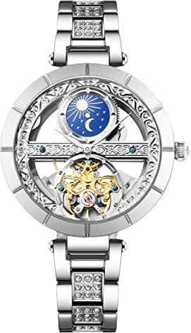 RORIOS Damen-Armbanduhr, mechanisch, automatisch, Armband aus echtem Leder, automatische Uhrenbeweger, Silber B, Armband