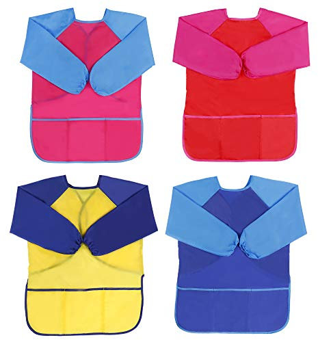 MengH-SHOP Malschürze Kinder Wasserdicht Kinder Malkittel 3-7 Jahre Bastelschürze Kinder mit Langarm und 3 Taschen für Malen, Kochen, Basteln, Ton (4 Stück)