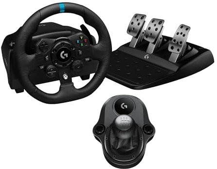 Logitech G G923 Rennlenkrad und Pedale, TRUEFORCE Force Feedback, echtes Leder + Logitech G Driving Force Schalthebel – Xbox X|S, Xbox One, PC, Mac– Schwarz
