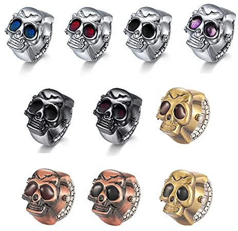 JewelryWe Punk fingerklocka, herr och dam rund elastisk kvarts klocka, skalle stil klockring, valfri färg, 10 st