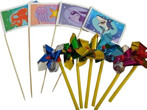 Beach Fun - 6 x Mini Windmills & 4 Sand Flags