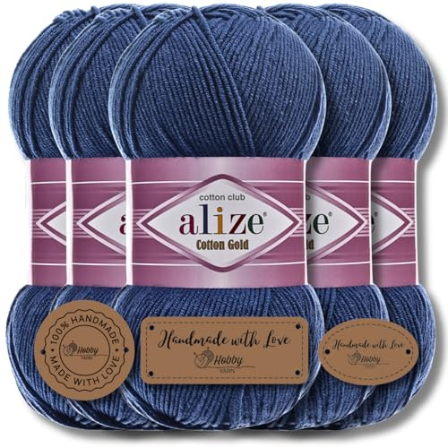 Hobby YARN 3x Etikettenlabel mit Alize Cotton Gold Wolle Premium 5x100g als Set, Yarn, Garn, Sommerwolle, Baumwolle, Strickgarn, Einfarbig, Baby, Kleidung, Schals (Midnight Blue - 279)