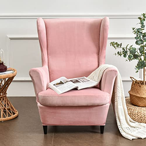 YOPOIY Samtplüsch Ohrensessel Überzug 2-teilige Stretch-Sesselbezüge Husse für Ohrensessel Mit T-Coushion Cover Form ausgestattet weich waschbar -rosa
