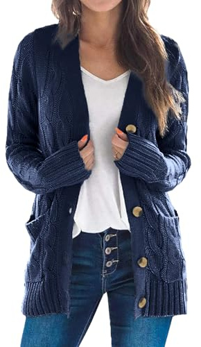 Uusollecy Cardigan Femme, Gilet à Manches Longues avec Poches, Bleu foncé S