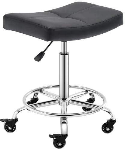 CoVibrant Robuster, verstellbarer Rollhocker mit breitem Sitz, feststellbaren Gummirädern und Fußstütze, Drehhocker für Küche, Labor, Büro, Salon, Zuhause (schwarz, 61 - 78 cm)