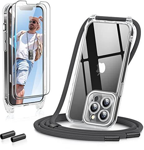 GOODVISH 3 in 1 Handykette für iPhone 13 Pro Max 6,7, mit 2 Stück Schutzfolie | 360°-Schutz | Kameraschutz |Necklace Hülle mit Band Handyhülle für zum Umhängen| Transparent Case mit Schnur-Dunkelgrau
