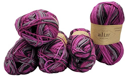 Ilkadim Export 5 x 100 Gramm Sockenwolle Alize Wooltime mehrfarbig, 75% Superwash Wolle, 500 Gramm Strickwolle für Stricksocken und Strümpfe (schwarz violett grau 11018), wt1