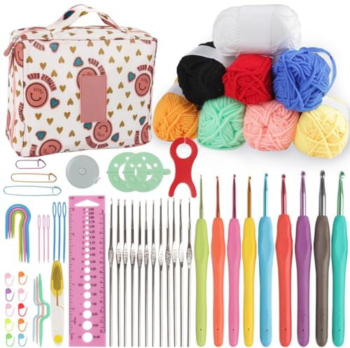 Genround Häkelnadel Set 61Stück Häkelset für Anfänger 0.6mm-6mm Ergonomische Häkelnadeln Crochet Set Stricken für Anfänger Set Häkelgarn Tragbaren Tasche Strickzubehör