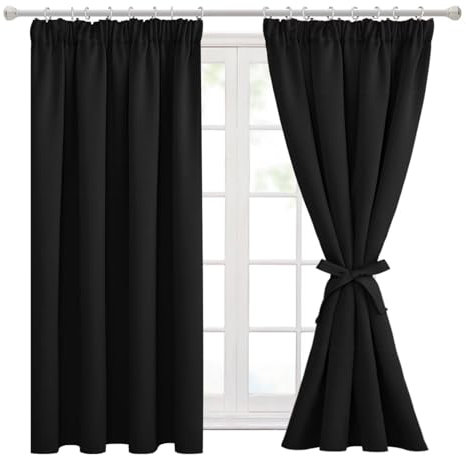 Hiasan Blackout Curtains for Bedroom Black Curtains & Drapes Pencil Pleat Curtain Thermal Curtain for Living Room 46 x 54 Inch 2 Panels with Tiebacks