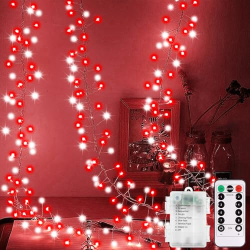 CCILAND Weihnachts-Lichterkette, batteriebetrieben, 3 m, 200 LEDs, automatischer Timer, 8 Modi, LED-Cluster-Lichter für Innen- und Außenbereich, Party-Dekoration (Rot und Weiß)