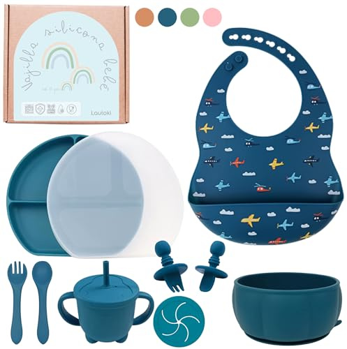 LAUTOKI ® | Vajilla Bebe de 11 Piezas | Vajilla Bebe Silicona sin BPA | Incluye: vaso aprendizaje, precucharas blw, babero silicona, plato ventosa, cuenco y tapa | Con caja regalo | Regalos para bebes