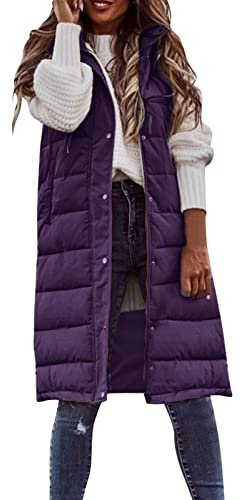 Veste mi-longue pour femme - Gilet en duvet avec capuche - Gilet long sans manches - Veste matelassée légère - Veste d'hiver d'extérieur, X02 - violet, XXXXL