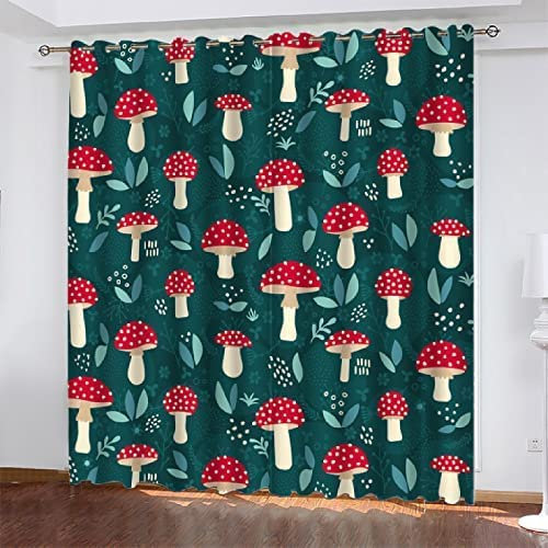 Vorhang Blickdicht Gardinen Mit Ösen - 2 Stücke 280 (B) X 180 (H) cm Verdunklungsvorhänge 3D Roter Pilz Muster Thermovorhang Für Kinderzimmer Schlafzimmer Weihnachtsgardinen