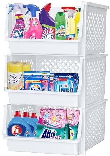 TidyFriend - Contenedores apilables de plástico para despensa, paquete de 3 cubos apilables grandes con frente abierto, organización de cocina y baño, diseño frontal abierto (blanco) (rombo)