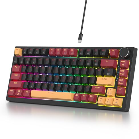 SOLIDEE Verkabelte Mechanische Gaming Tastatur 75%,hot-swap-fähige mechanische Tastatur Gasket,RGB Hintergrundbeleuchtung,QWERTY 82 Tasten TKL Gaming Tastatur mit Drehknopf(82 Red Samurai(B))