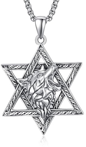 HXWZB Davidstern Wolf Halskette für Männer Sterling Silber Wolf Davidstern Anhänger Rabe Jüdischer Davidstern Schmuck für Männer Frauen
