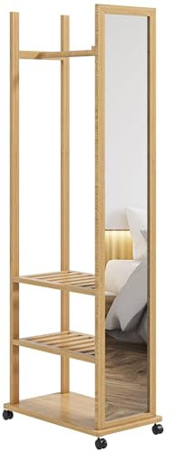 HOMCOM Standspiegel mit Rollen, Spiegel mit Ständer und Regal, mehrere Fächer, für Schlafzimmer, Eingangsbereich, aus Holz, Farbe Natur