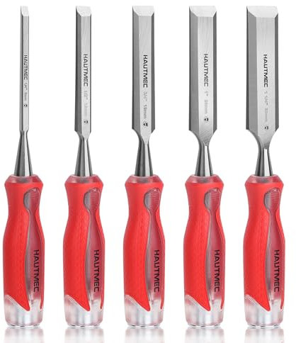 HAUTMEC 5 Piece Wood Chisel Set for Woodworking & Carving. Drop-Forged CR-V Steel Beveled Edge Blades with Ergonomic Non-Slip Handles and Heavy-Duty Strike Caps
