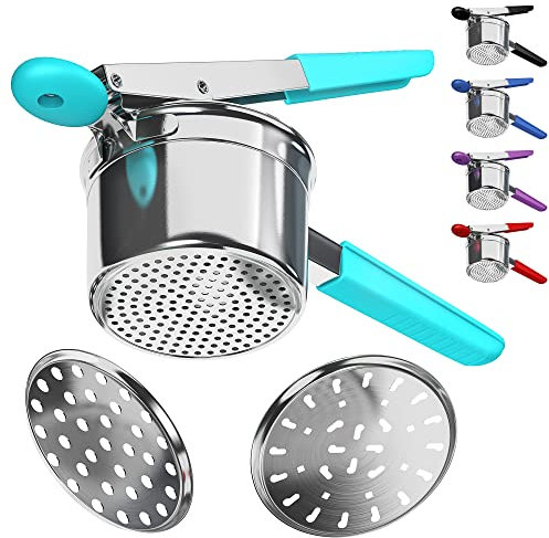 Potato Ricer Stainless Steel with 3 Interchangeable Fineness Discs, Ricer Kitchen Tool for Mashed Potatoes, Cauliflower Rice Maker Masher, Gnocchi Potatoe Spaetzle Press Patoto Masher (Red)(Aqua)