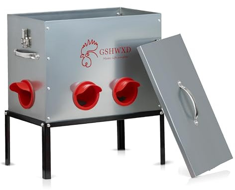 GSHWXD Automatischer Hühner-Futterspender – 18 kg Kapazität, 6 Anschlüsse, große Hühner-Futterstation aus Metall – kein Abfall für Geflügel, mit verschließbarem Deckel und Beinen