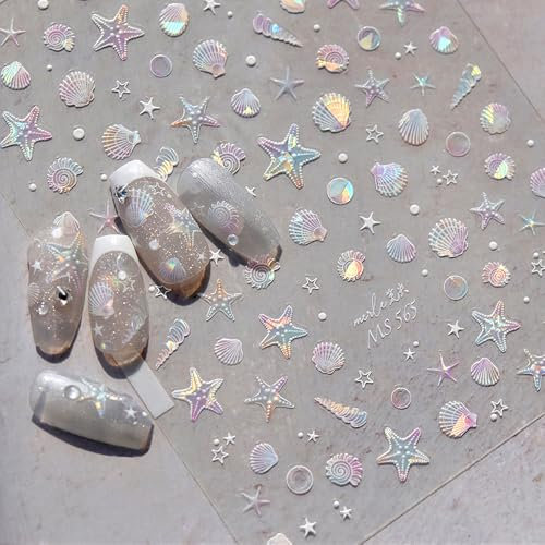 3D Aurora Nagelsticker Sommer Nagelaufkleber Muscheln Seestern Nagel Folie Selbstklebend Nail Art Summer Meerestiere Cute Nageldesign Aufkleber Nägel Zubehör